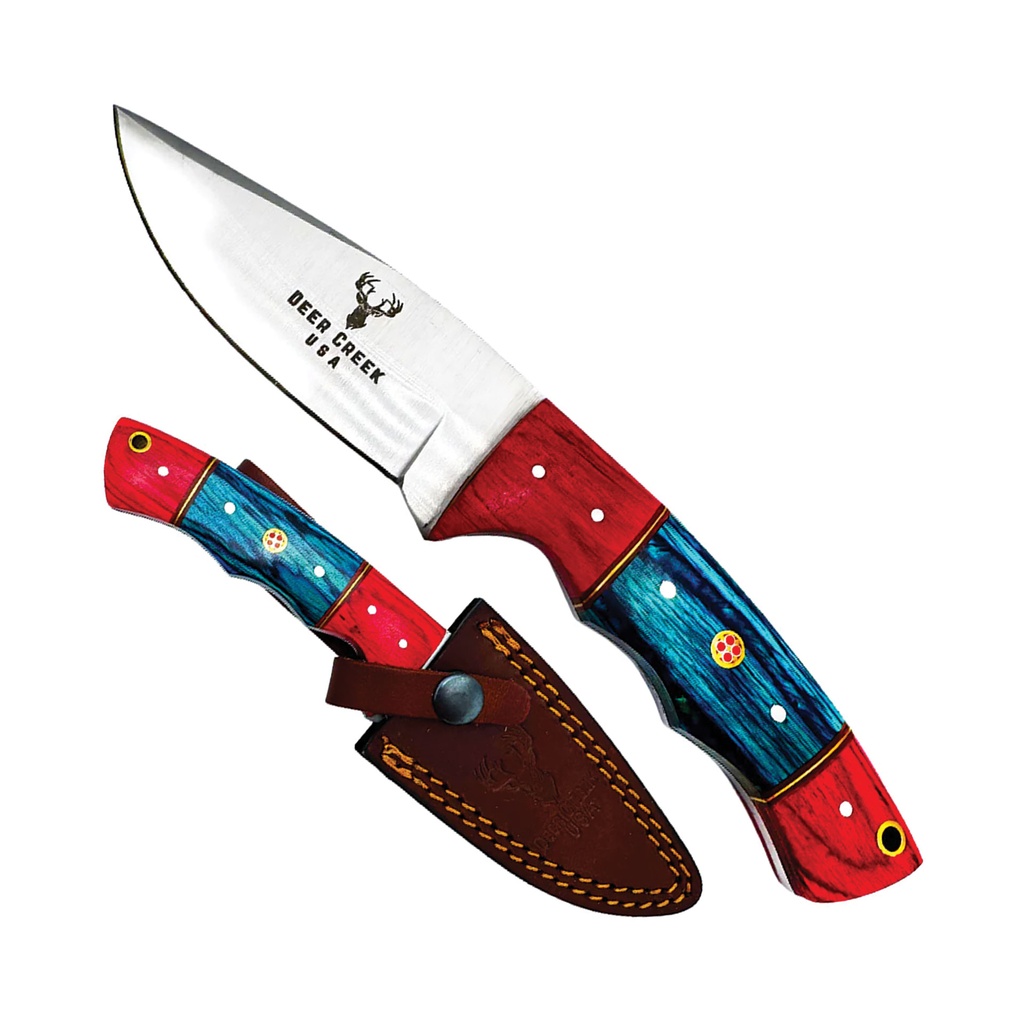 Creek Signal Field-Ready Fixed Blade Hunting Knife - Red & Blue Pakkawood
