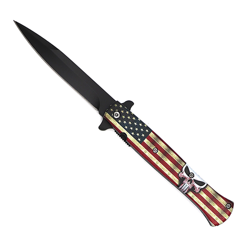 Patriot Skull Quick-Deploy Assisted Opening Knife - Black Blade