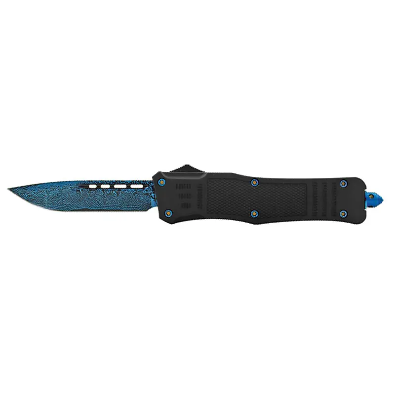 Blue Titanium Coated Damascus Etched OTF Knife with Blue Titanium Coated Screws and Clip