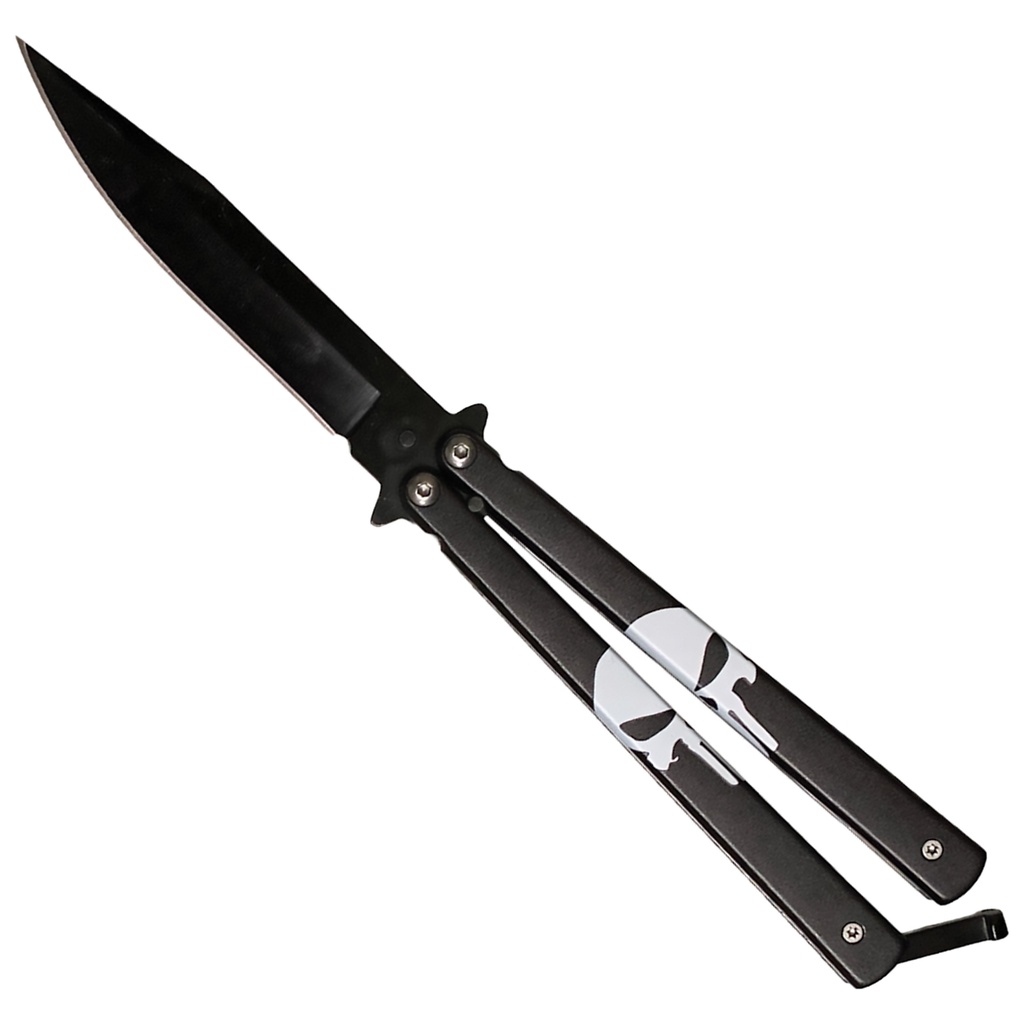Punisher Skull 3D-Relief Butterfly Knife - Black Steel