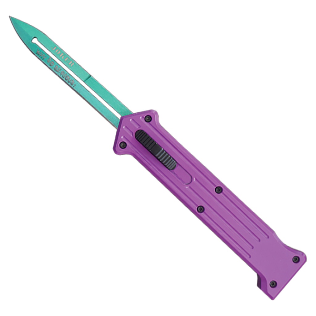 Chaos Grin Villain-Themed OTF Knife - Purple and Green